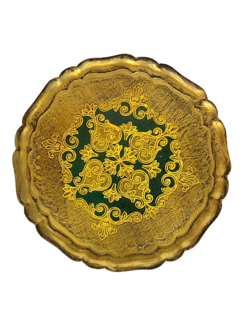 Italian Florentine Tole Green Gold Gilt Round Wood Pedestal Tray Server